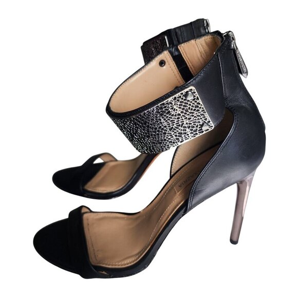 BCBG Maxazria Leather Stiletto Sandals With Cuff Ankle Strap Black Silver Size 9 - Picture 4 of 16